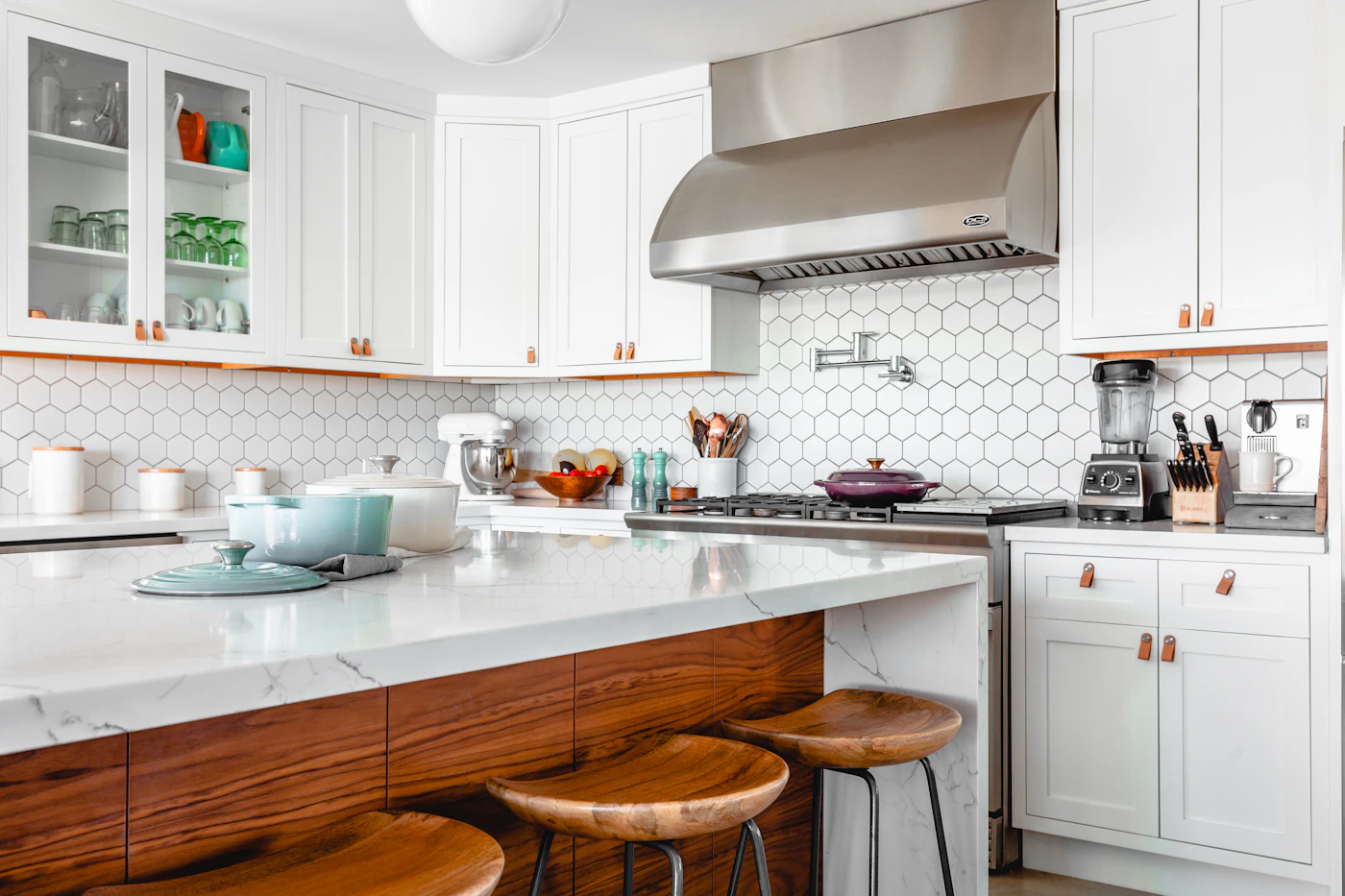 Kitchen work surface with cabinets and cooking equipment